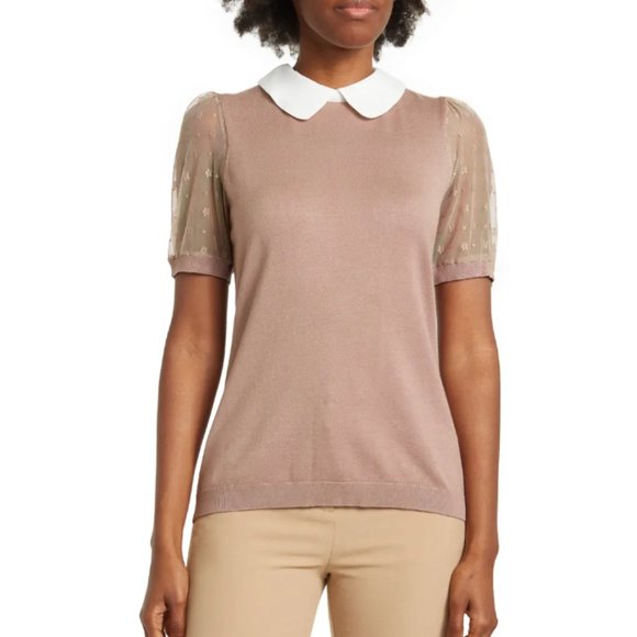 Adrianna Papell Tops - Adrianna Papell Mesh Puff Sleeve Peter Pan Collar Sweater Cocoa/Ivory Large